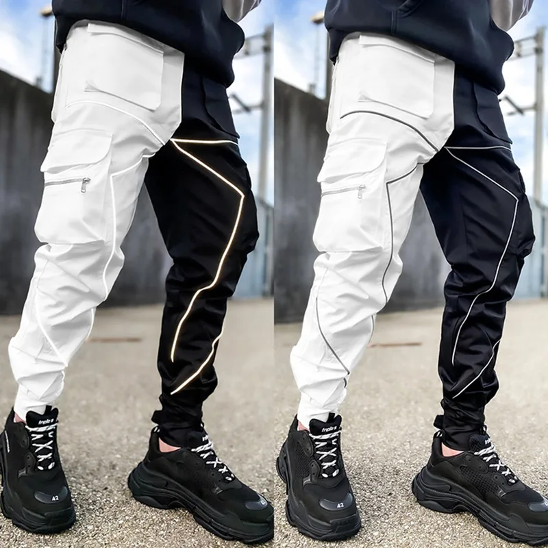 

Men Cargo Pants with Pockets Streetwear Fashion Reflective Striped Hip Hop Joggers Casual Male Loose Sweatpants Sport Trousers