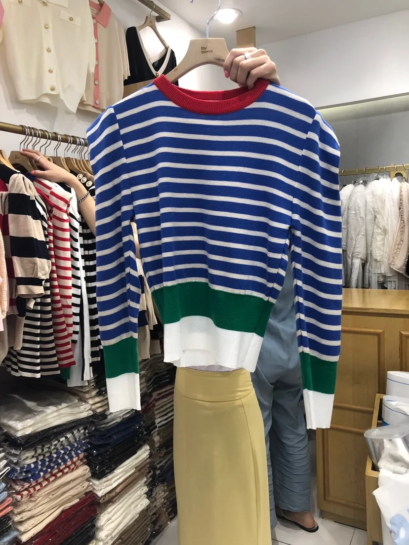 

Korean Striped Color-blocked Knitted Sweaters Pullovers 2020 Autumn Winter Long Sleeve O-neck Tops Casual Fashion Ladies Jumpers