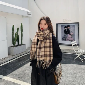 Шарф-кисточка женский, в клетку, плотный, винтажный