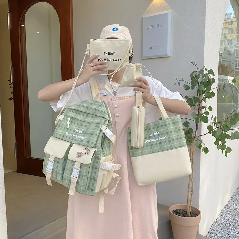 

5pcs Set School Bag For Girls Oxford Cloth Large Capacity Backpack With Many Pockets Fashion Women's Backpack Plaid Style