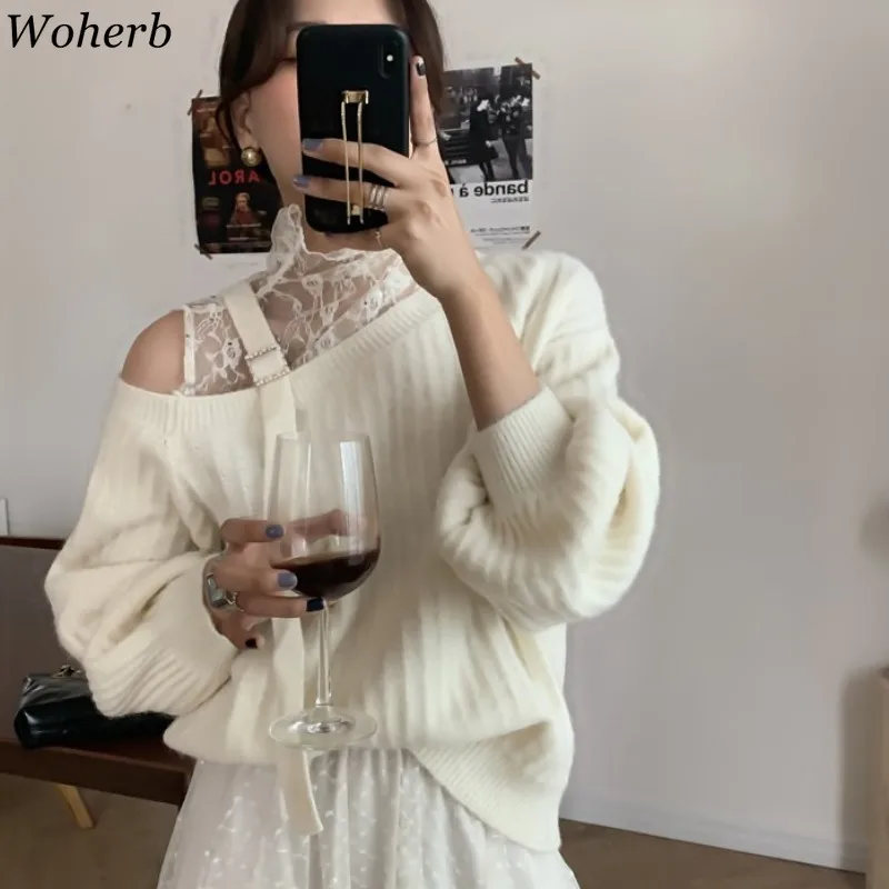 Woherb Осенняя Женская одежда милые Лоскутные кружевные свитера пальто шикарные