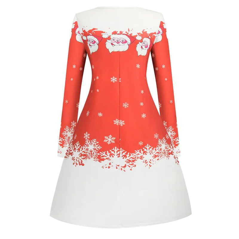 

Women White Santa Claus Print Christmas Dress Winter Long Sleeve Xmas Party Casual Elegant Vintage A-line Midi Dresses Vestidos