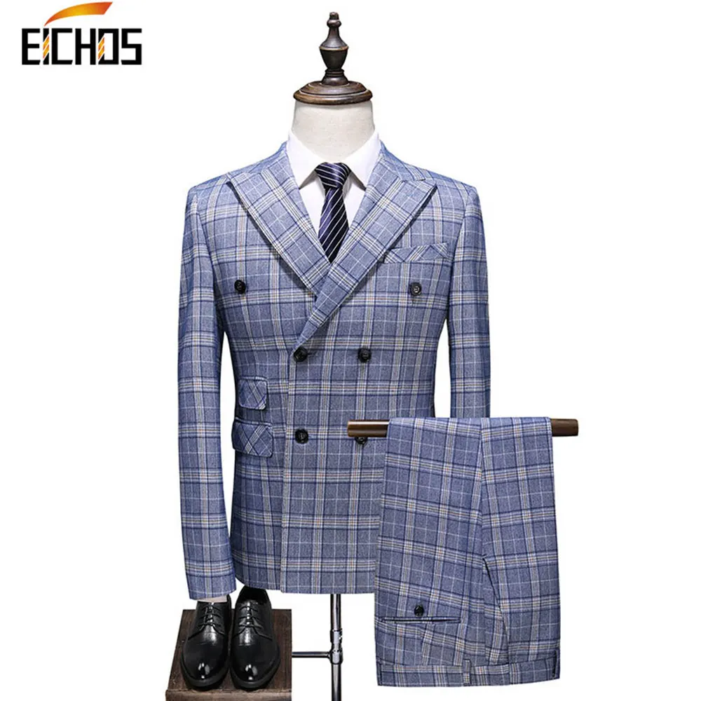 

2020 New Brand Mens Suits Double Breasted Business Casual Plaid Suit Male Slim Three Piece Groom Wedding Suit For Best Men
