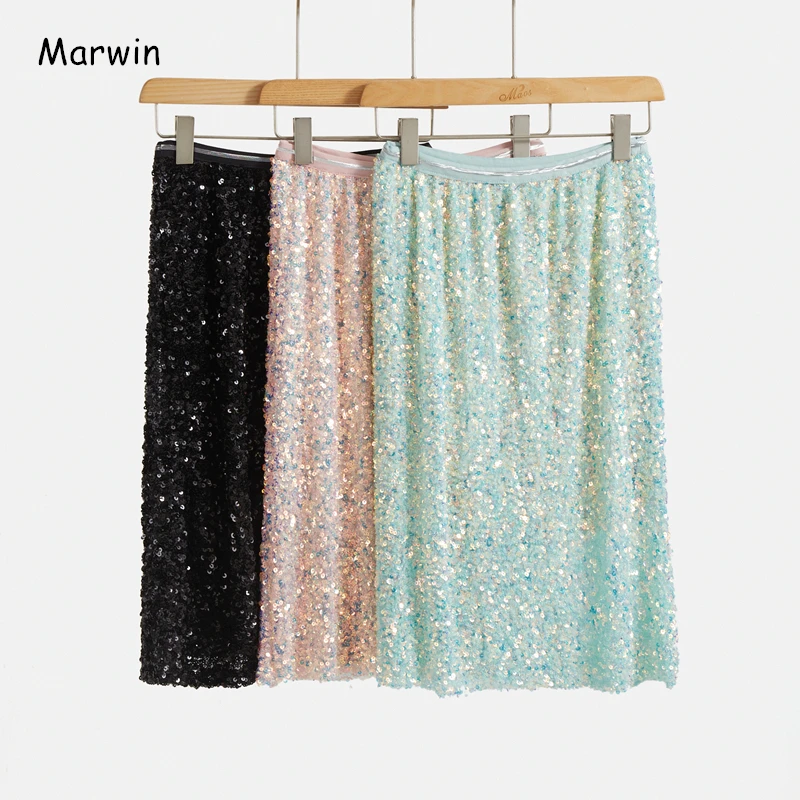 

Marwin 2020 New-Coming Spring Dot Sequined Straight Mid-Calf Empire High Street Style Women Skirts Party Holiday Skirts