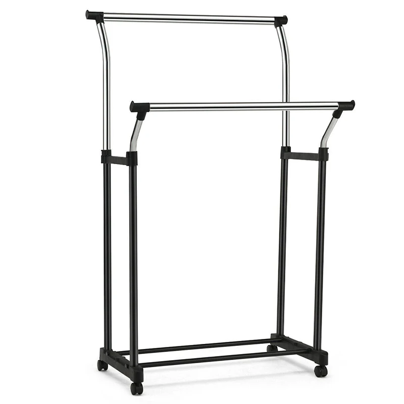 

Double Rail Height Adjustable Clothing Garment Rack Premium Steel Pipe 360 Swivel Wheels H-shape Structure Clothes Hanger