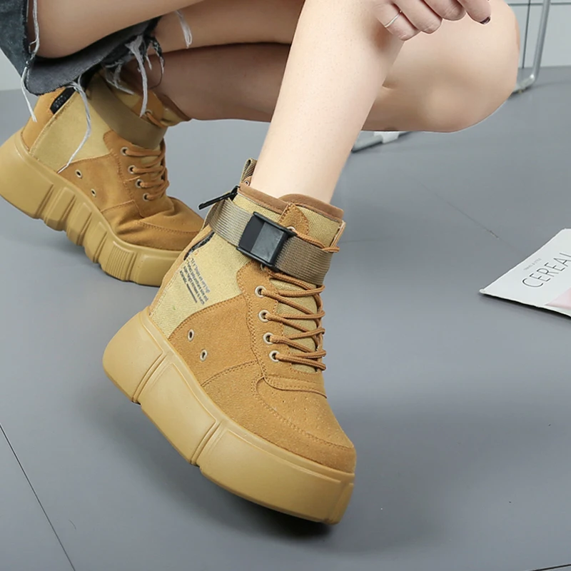 Женские высокие кроссовки повседневные Ботильоны на танкетке 10 см увеличивающие