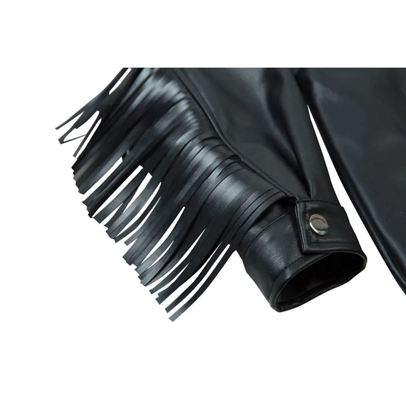 

Streetwear Plus size Women Black Tassel Faux PU Leather Jacket With Belt Chaqueta Mujer 2021 Autumn Coat Casual Jaqueta de couro