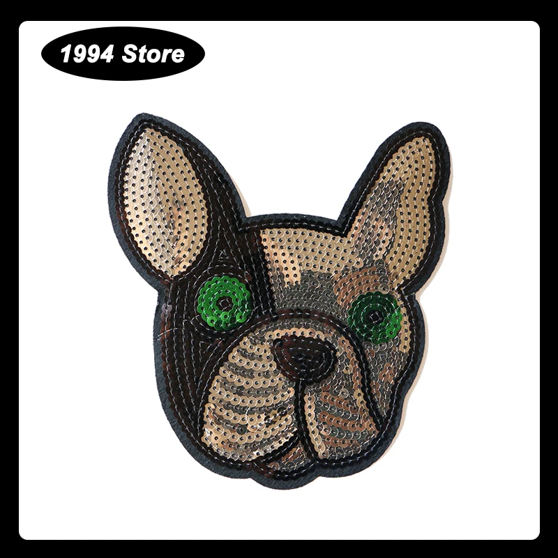 

French Bulldog Sequin Patch Badges For Clothes Stickers Animal Dog Embroidered Patches Sewing Accessories Custom