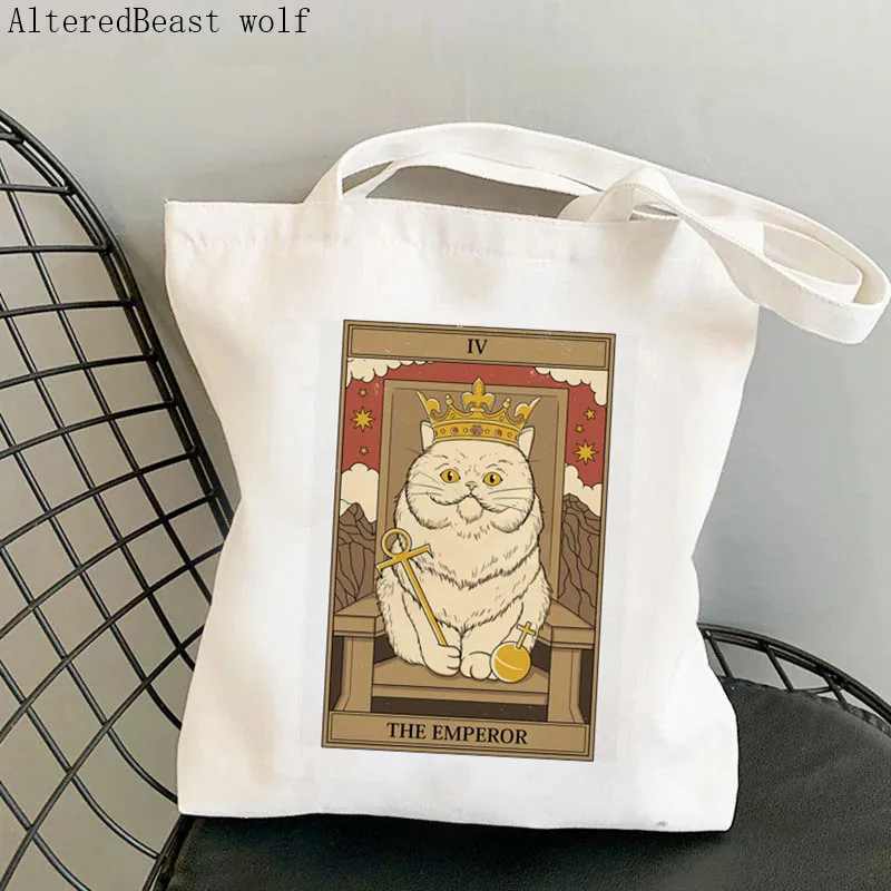 

Women Shopper bag The Emperor cat Tarot Kawaii Bag Harajuku Shopping Canvas Shopper Bag girl handbag Tote Shoulder Lady Bag