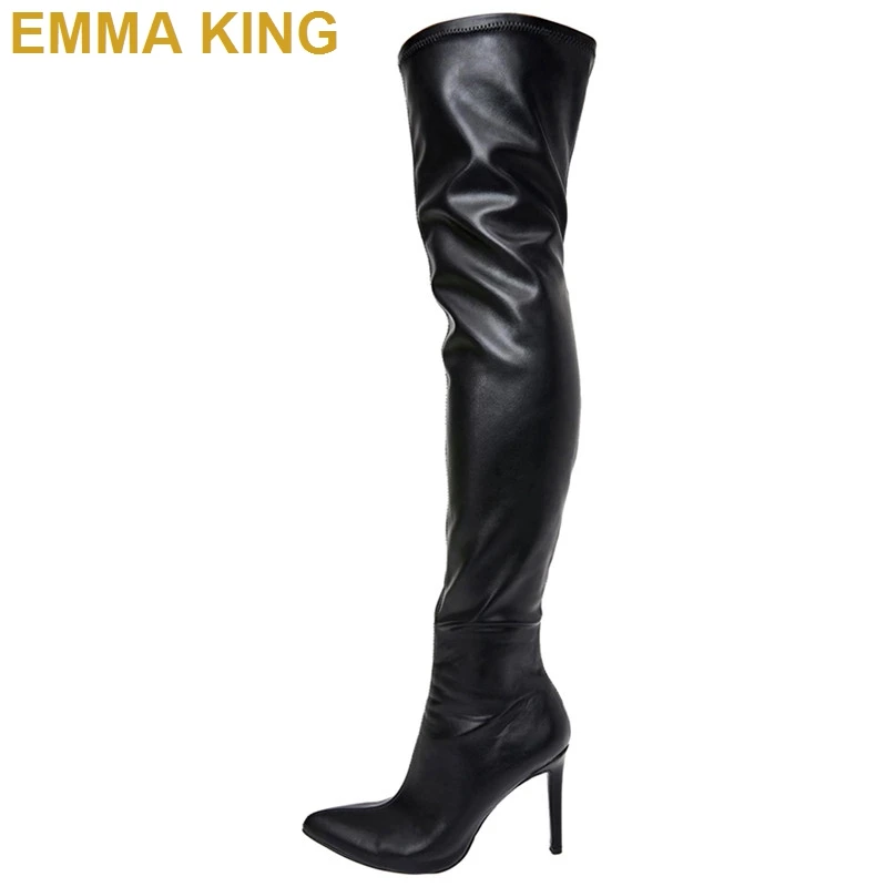 Женские облегающие сапоги выше колена синие/черные с острым носком на шпильке