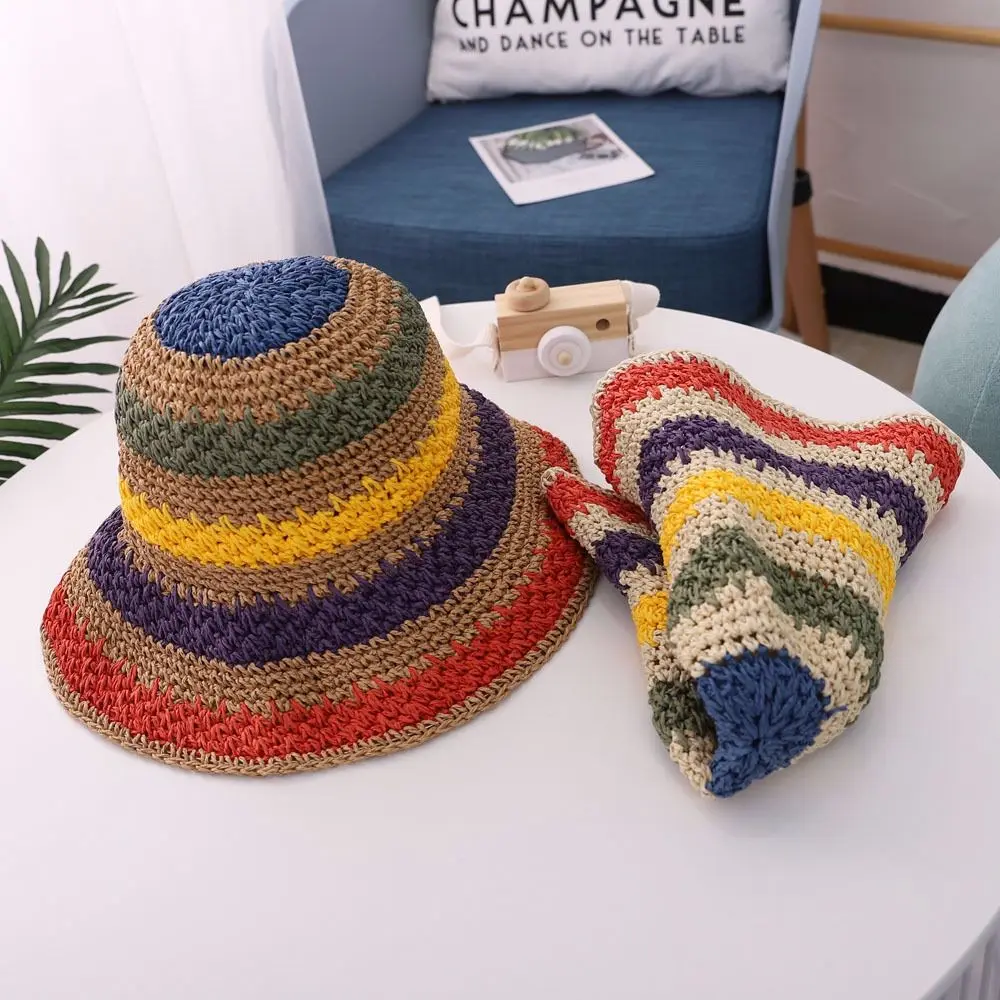 

Summer Foldable Sun Hat Travel Shade Rainbow Color Hat Floppy Straw Hat Women Wide Brim Beach Hats
