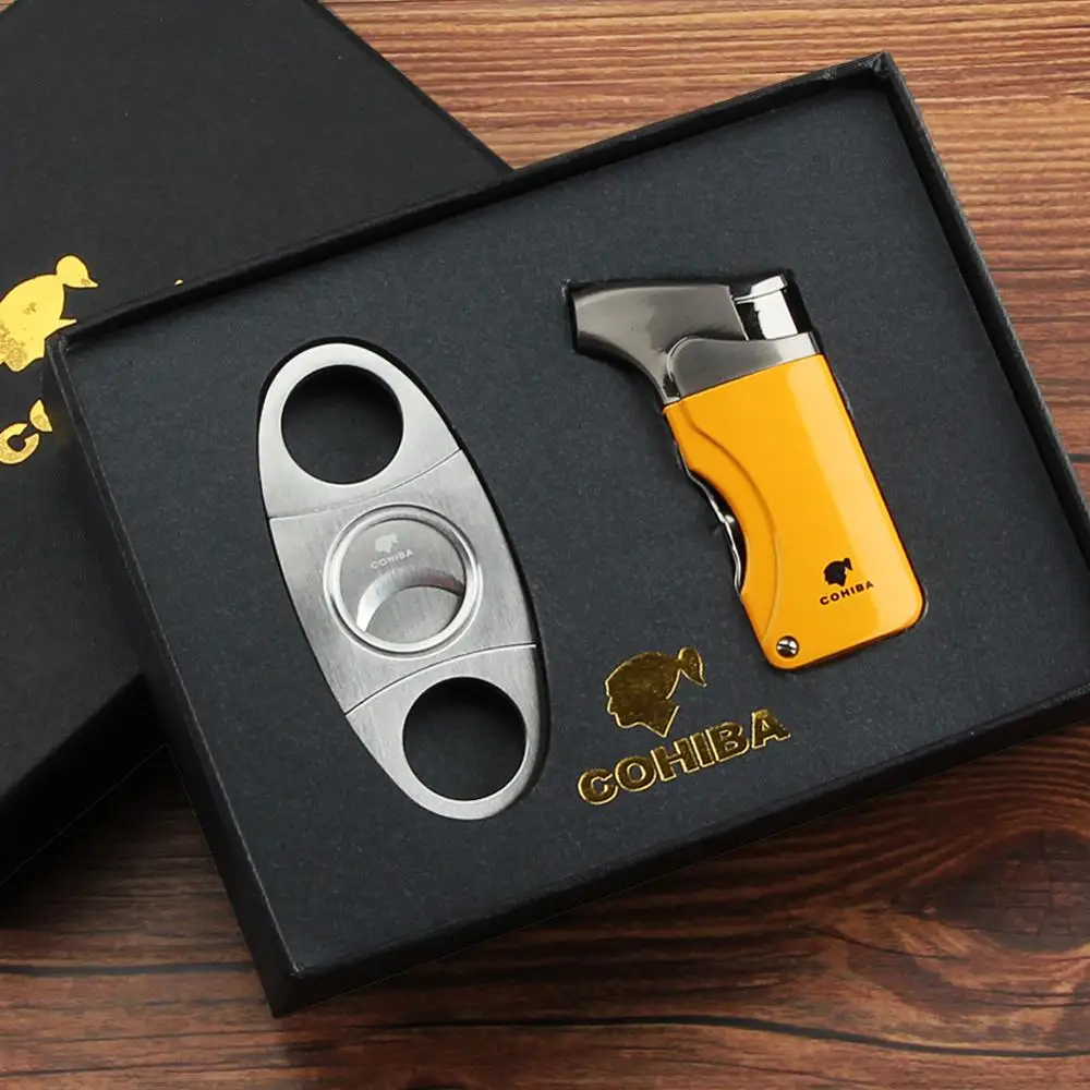 COHIBA зажигалка резак аксессуары для сигар набор металлический ветрозащитный бутан газ C фонарь зажигалки Нержавеющая сталь острый сигарный нож