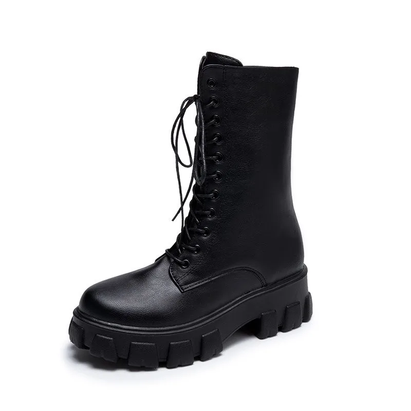 Женские белые ботинки осенние модные черные кожаные на платформе готические в
