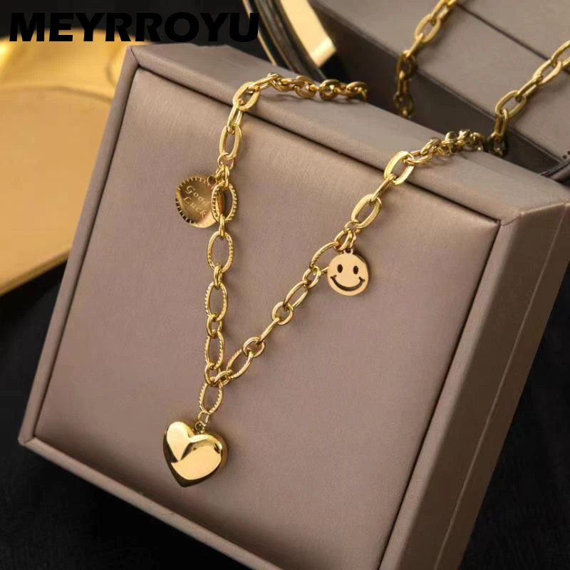 

MEYRROYU New Trendy Smiley Love Heart Pendant Necklace For Women Stainless Steel Hollow Thick Chain Necklace Hip-Hop Jewelry
