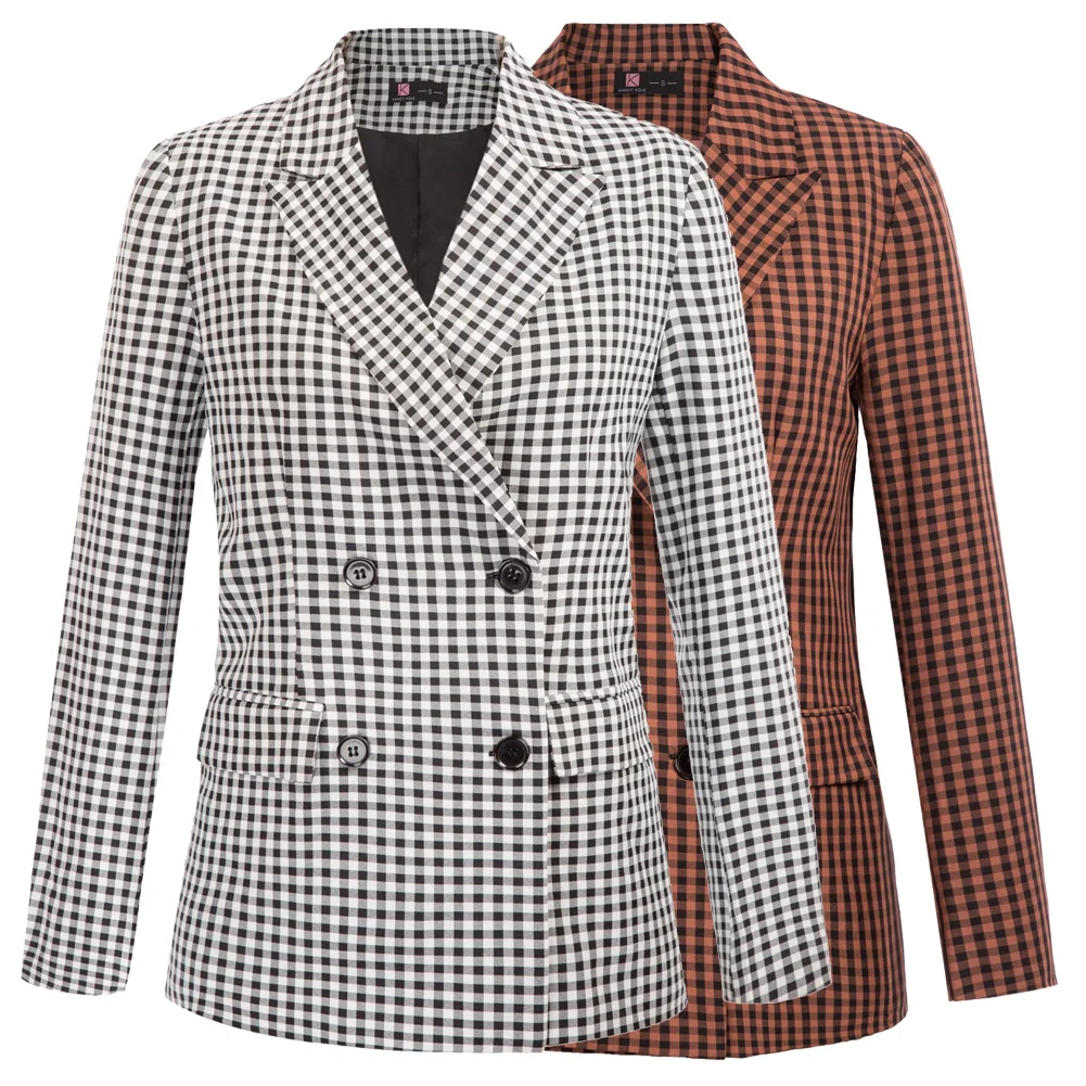 

KK Women Double Breasted Plaided Blazer Coat Long Sleeve Lapel Collar Casual Long Sleeves Lapel Double-breasted Buttons Blazer