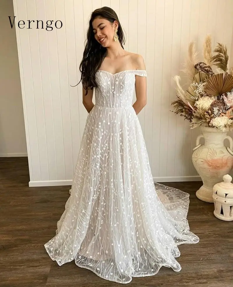 

Verngo Exquisite Lace Floral Wedding Dress 2020 Off the Shoulder Sexy Bride Gowns Buttons Back Vintage Bridal Dress Plus Size