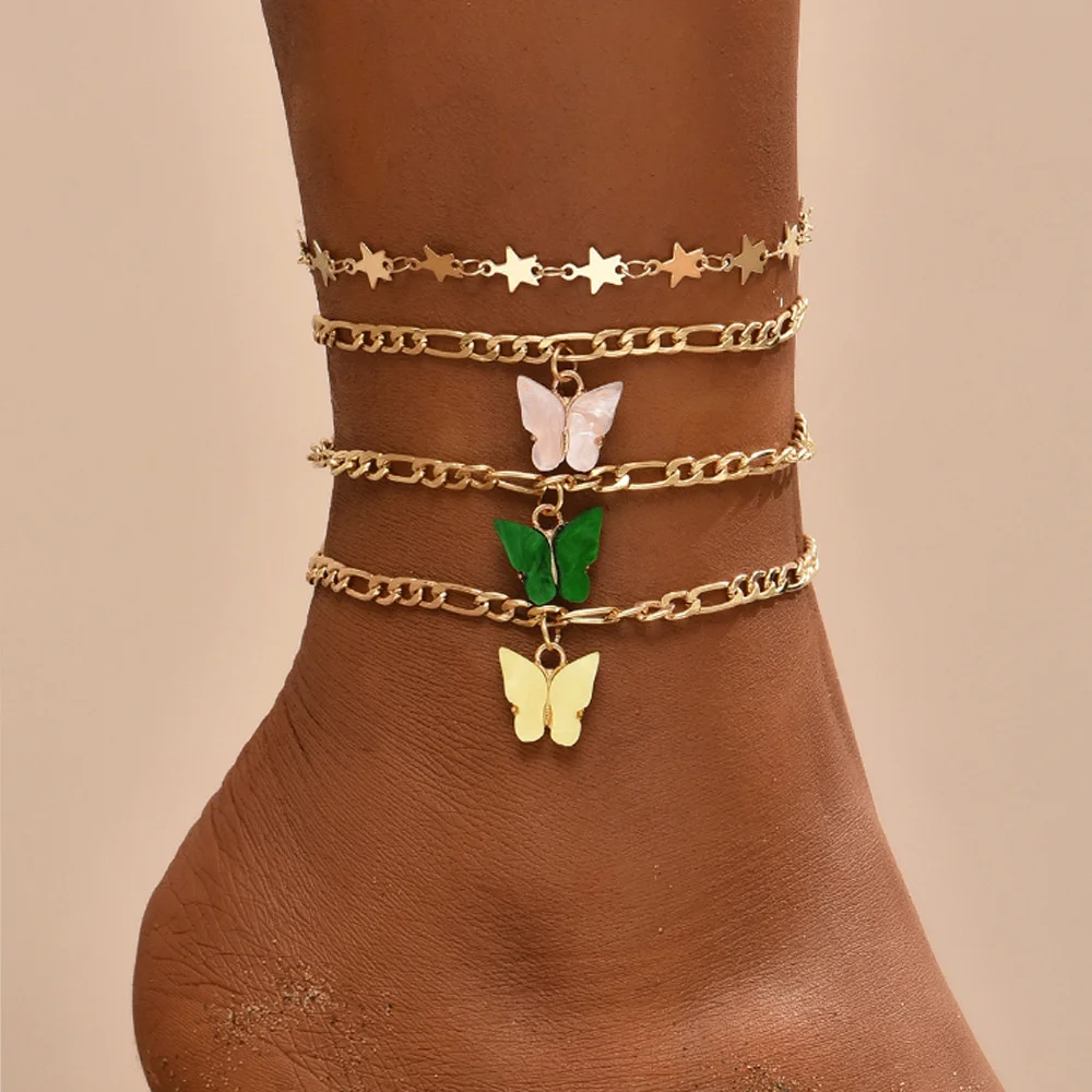 

Цепочка для ног в новом стиле, ювелирное изделие из четырех частей в форме бабочки контрастных цветов, пятиконечная звезда, хороший подарок ...