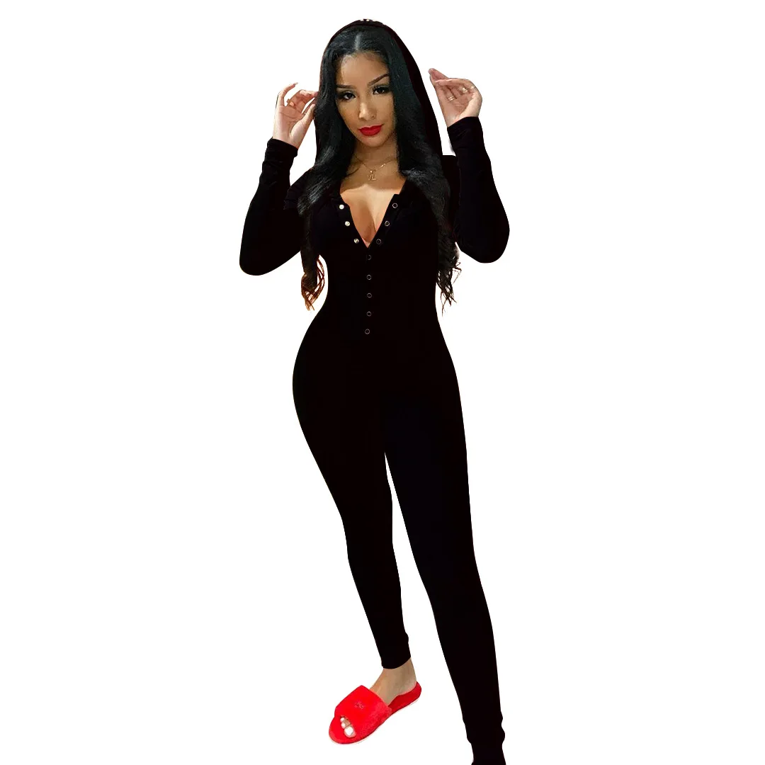 2021 Spring Women's Jumpsuit Hooded Letter Embroidery Solid Color Deep V Sexy Jumpsuit One Piece Outfit Women Club Outfits