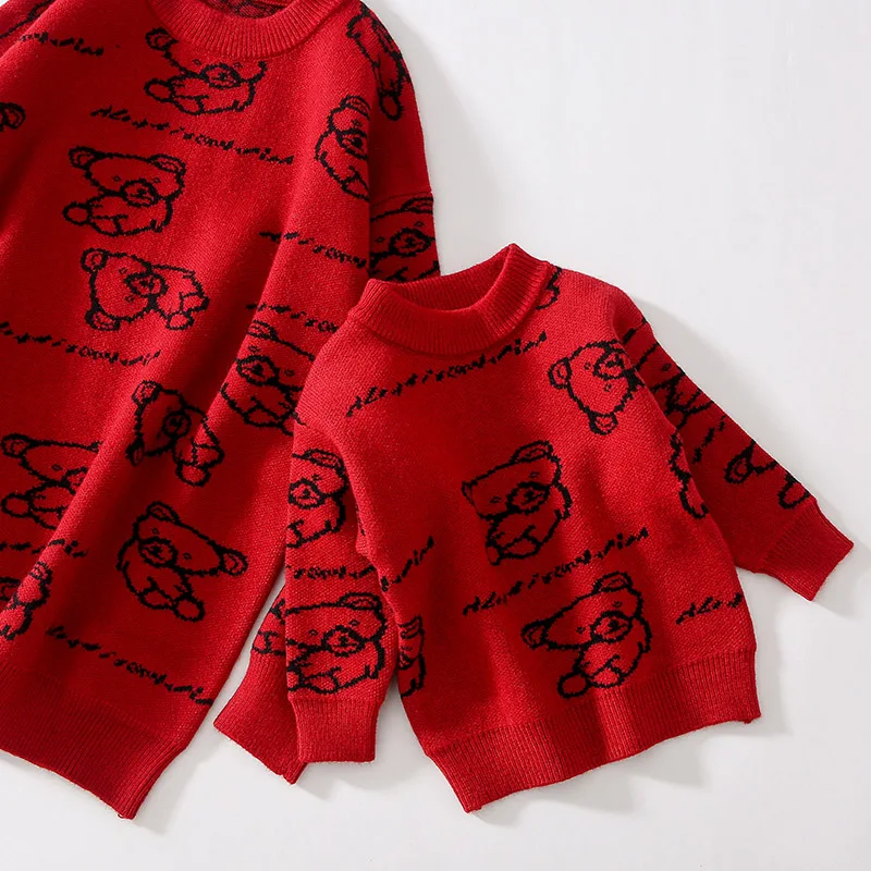 

Happy New Year 2022 Family Shitt Sweater Kids Bear Knit Tops Father And Son Matching Outfit Fall Mommy Daughter Winter Clothes