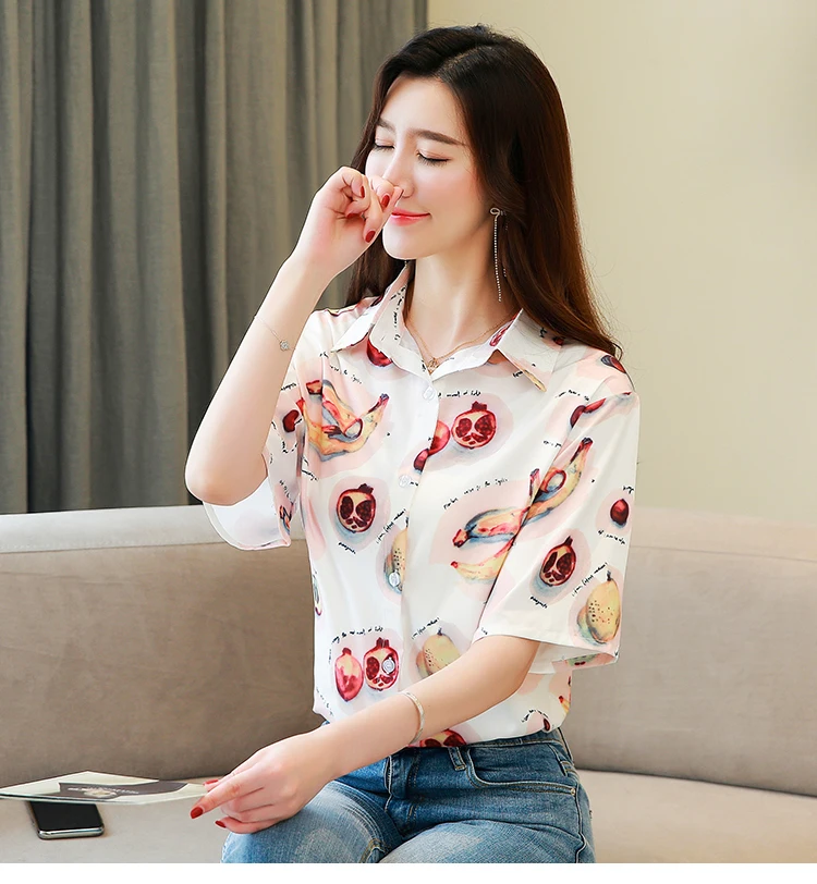 

Houthion Chiffon Slim Women's Blouses New Casual Blouse Fashion Short Sleeve Top Fruit Print Buttons Polo Shirt Summer