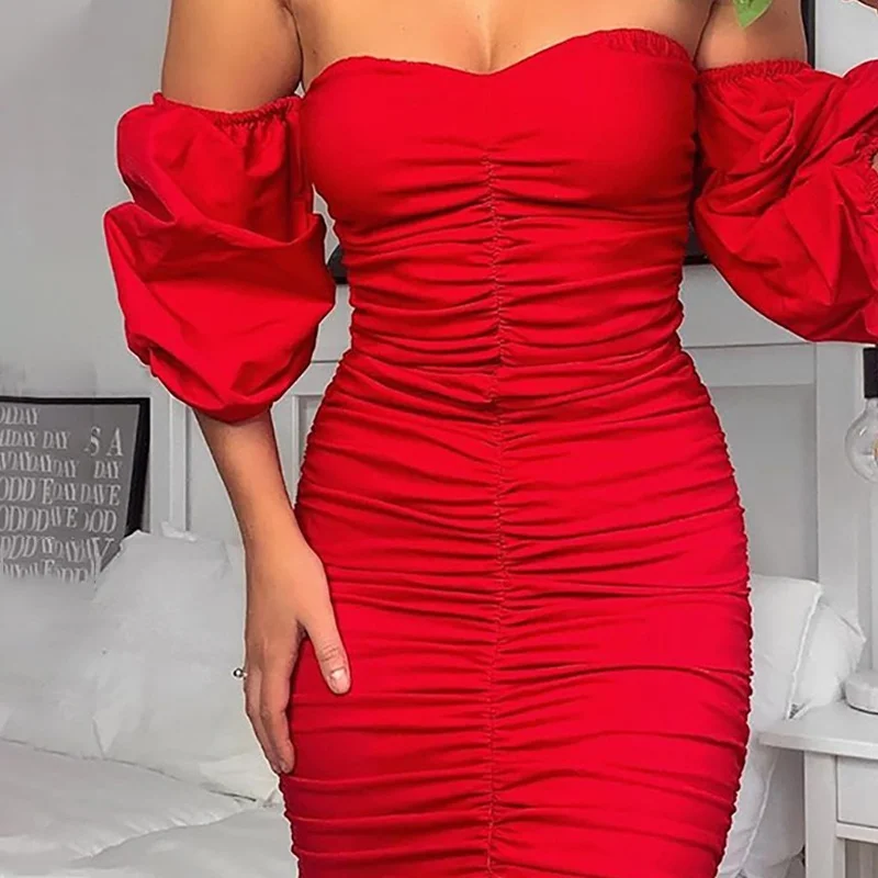 

Robe Midi plissee et moulante a epaules denudees pour femmes, manches longues bouffantes, rouge uni, Sexy, elegante, printemps