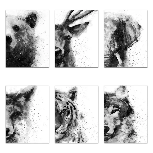 Абстрактные акварельные животные черно-белые плакаты и принты Тигр лиса слон