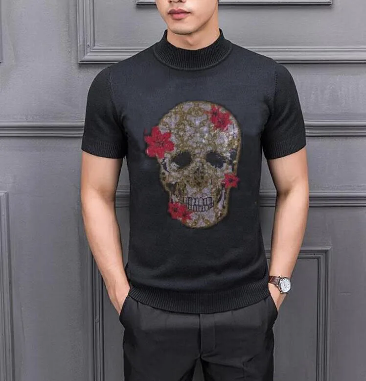 

Rhinestones clothing Solid color Men‘s Skull sweater stretch Diamond stone pullovers fashion warm sweaters top plus size