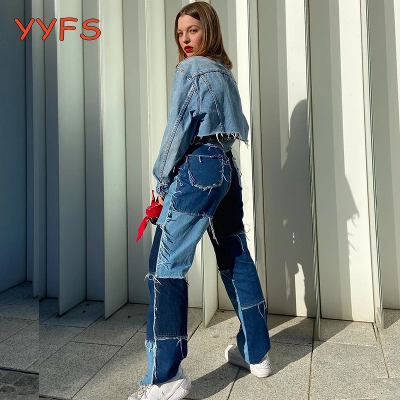 Джинсы женские прямые в стиле пэчворк узкие брюки из денима с завышенной талией