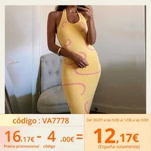 Robe moulante tricotée pour femmes Y2K, col licou, jaune, sans manches, Midi, dos nu, robes de soirée Sexy, plage, été, 2021  (2)