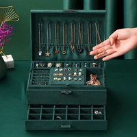 new 3layers green flannel stud jewelry organizer large ring necklace makeup holder cases velvet jewelry box with lock women