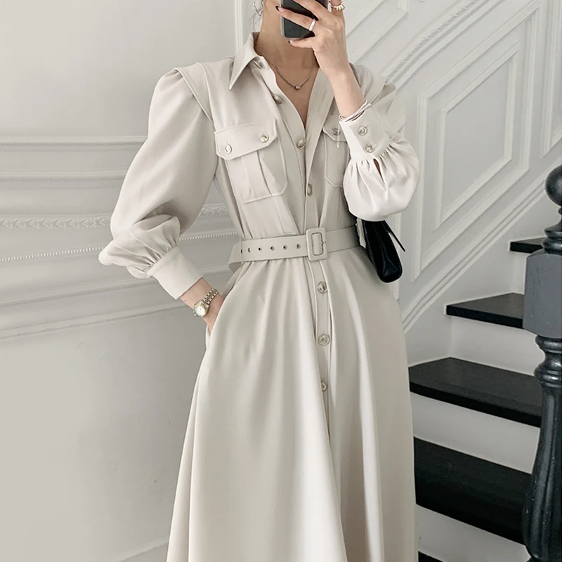 

Korean Elegant Turn-down Collar Dresses Single Breasted Puff Sleeve Vestidos Autumn New Belt Slim Waist Dress