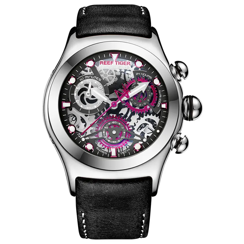 

Reef Tiger/RT Mens Sport Watches with Chronograph Skeleton Dial Date Three Counters Steel Watch RGA792