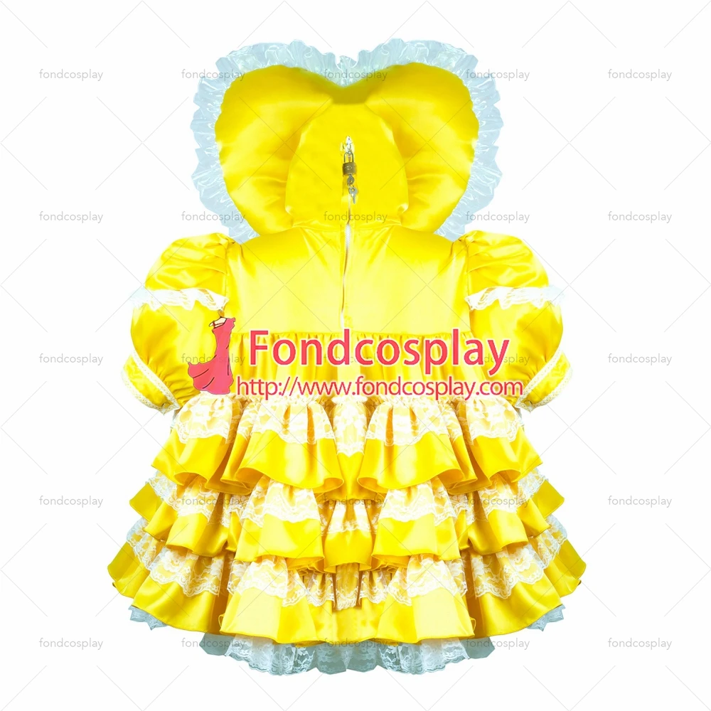 fondcosplay adult sexy cross dressing sissy maid short yellow satin dress lockable Uniform Heart hood Tailor-made[G3703] |