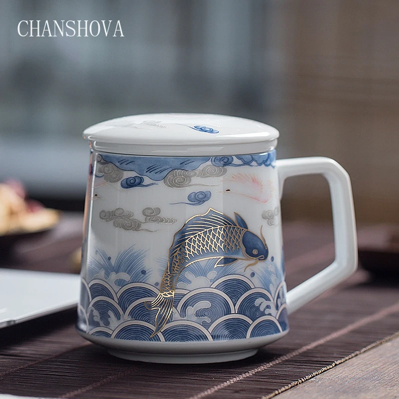 

CHANSHOVA 400ml Hand Painted creative Individuality Ceramic Tea mug with cover Chinese court style Porcelain Tea cups and mugs