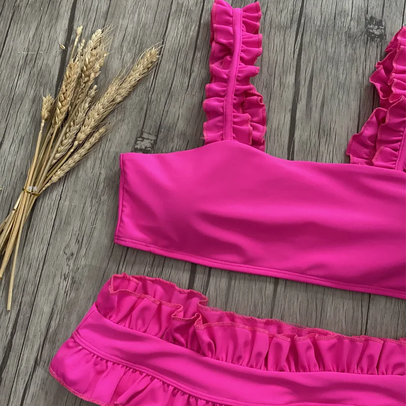 Сексуальный купальник женское бикини с высокой талией однотонный неоновый ярко