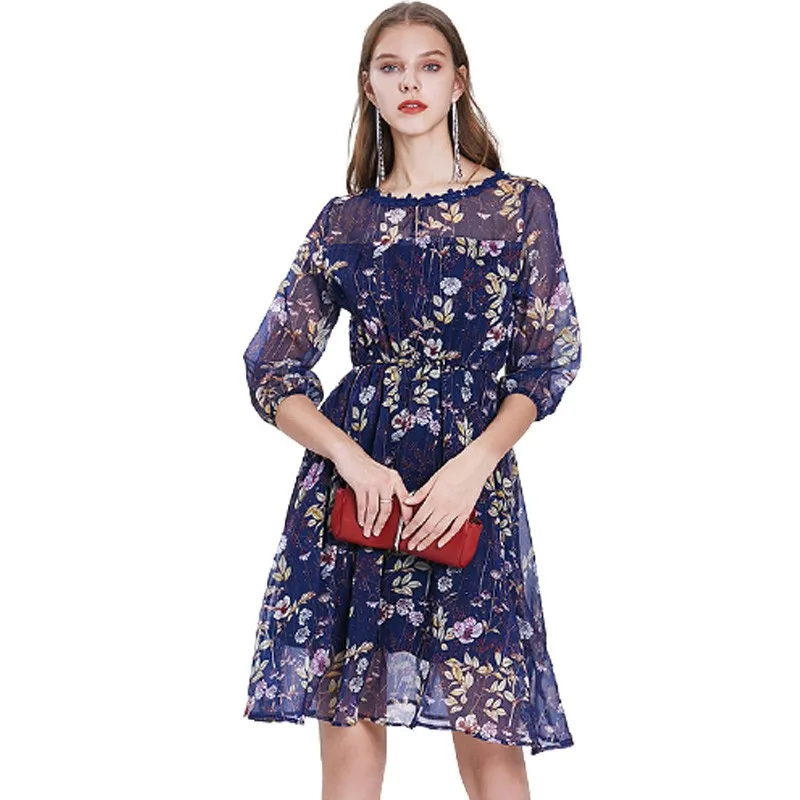 

2021 Summer Print Floral Chiffom Dress Women Clothes O Neck Half Sleeve Mini Sexy Dress Elegnt Vintage Casual Party Dresses