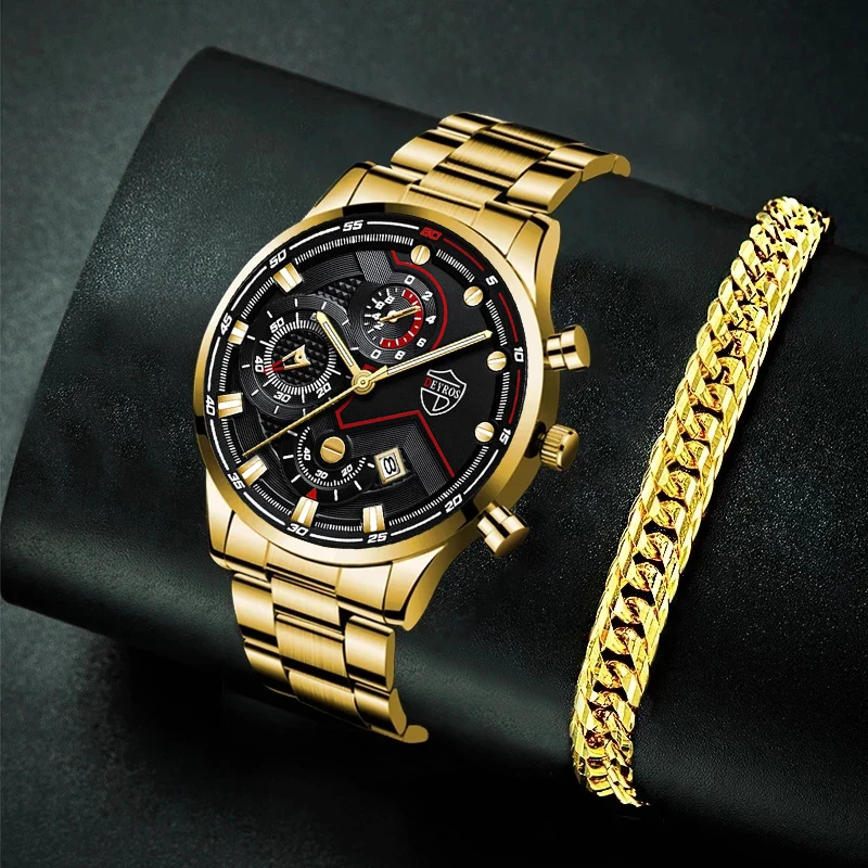 

Fashion Mens Watches Luxury Men Business Stainless Steel Gold Bracelets Quartz Watch Calendar Luminous Clock relogio masculino