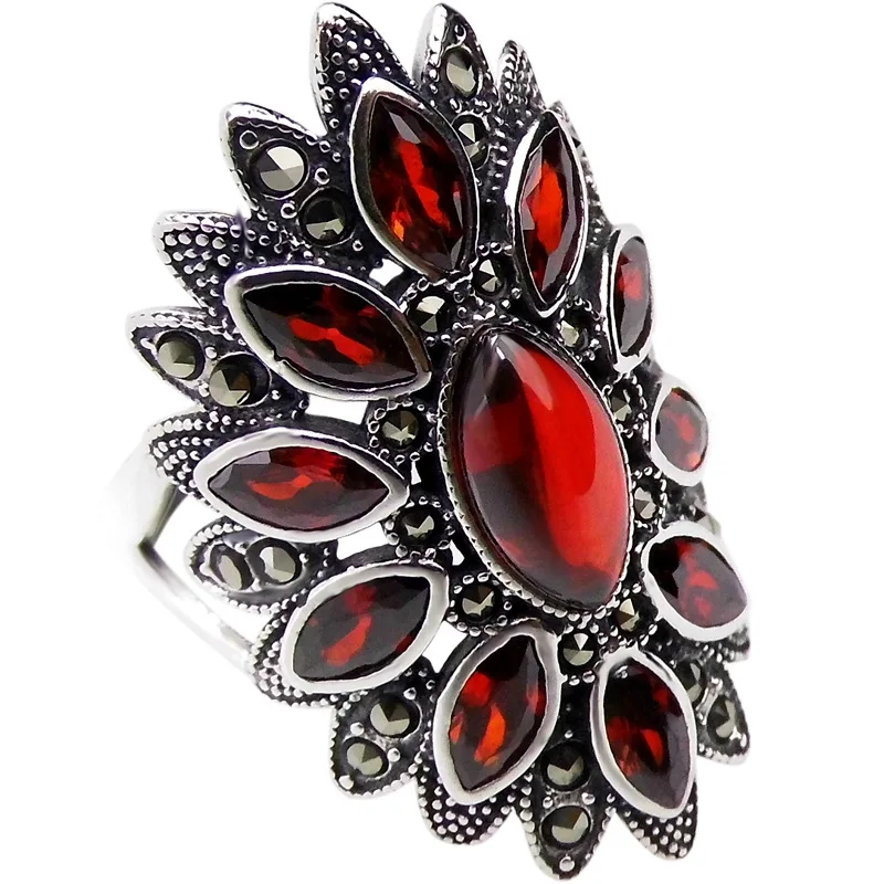 

Luxury Female Ruby Geometric Finger Ring Vintage Sterling Silver Adjustable Ring Fashion Wedding Engagement Rings For Women