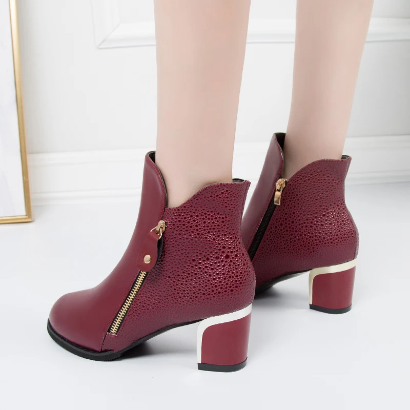 

New Plus Size Winter Boots Women Shoes Woman Leather Zipper Women Boots Fashion Square High Heels Short Ankle Boots Botas Mujer