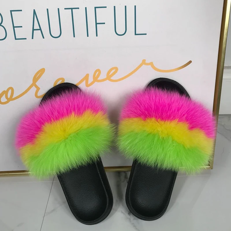 

Fluffy Slides Real Fox Fur Slippers 2020 New Fashion Women Indoor Slippers Summer Flats Sandals Fur Flip Flops