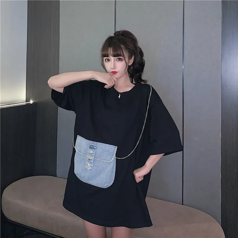 Женская джинсовая футболка на молнии свободная средней и длины с коротким