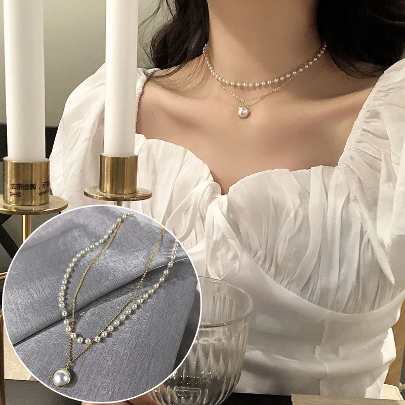

Chic Gold Pearl Choker Necklace Women Cute Girl's Double Layer Chain Pearl Pendant Korean Jewelry Woman 2020 Collar