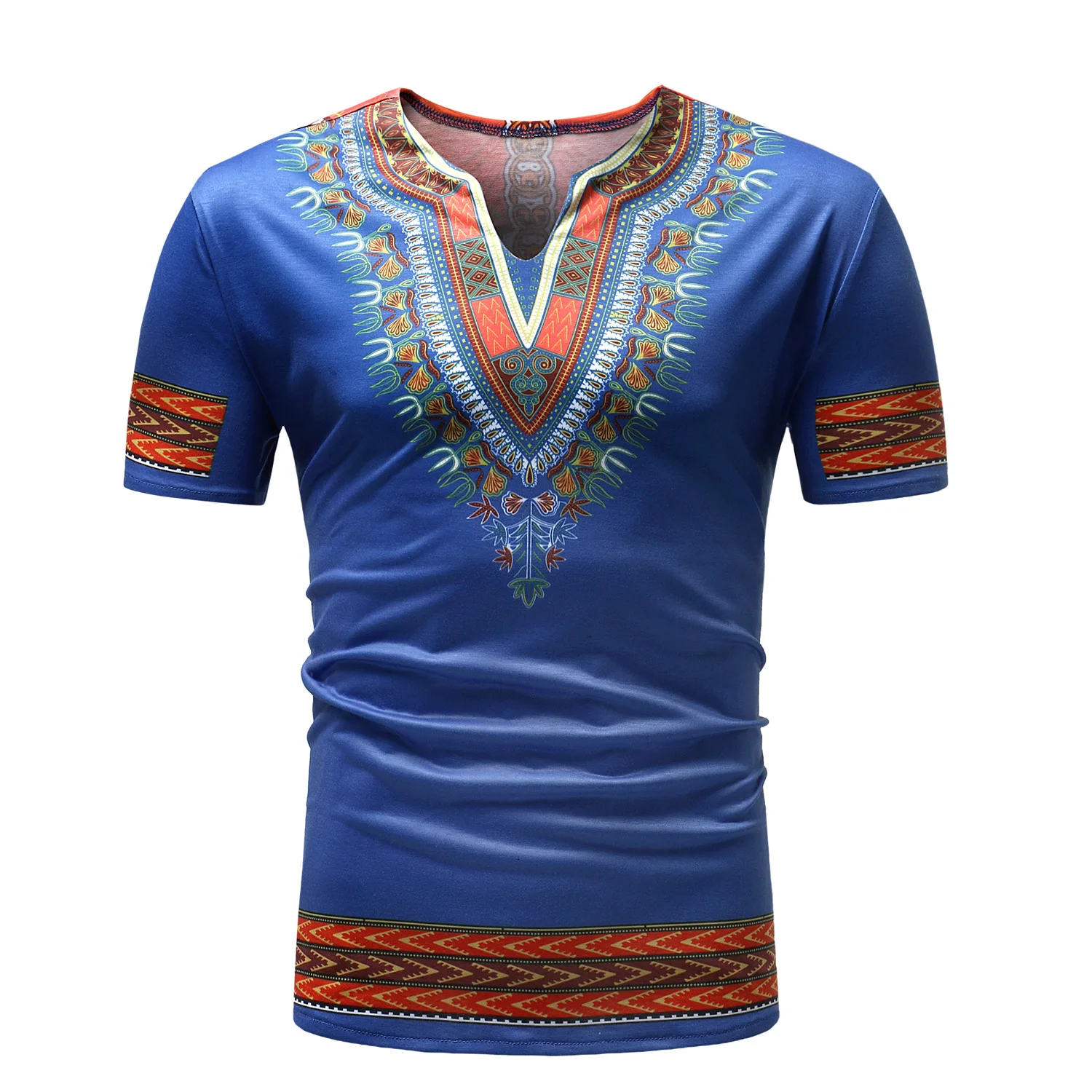 

Men's large ethnic printed short sleeve V-neck T-shirt zt-t08