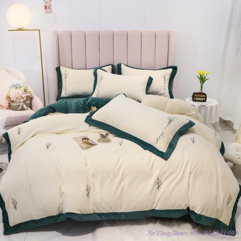 

Cool 4pcs 1.8m BeddingSet Milk Velvet Embroidery Winter Thick Double-Sided Quilt Cover Coral Velvet Flannel HomeTextile Bedsheet