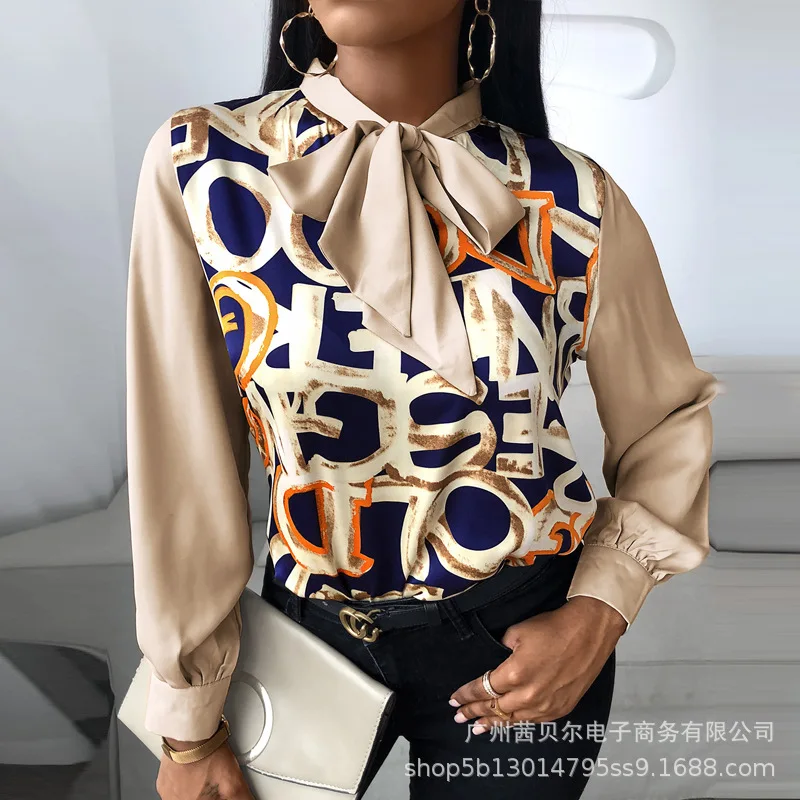 

New Long Sleeve Bowknot Letter Pattern Print Lantern Sleeve Shirt