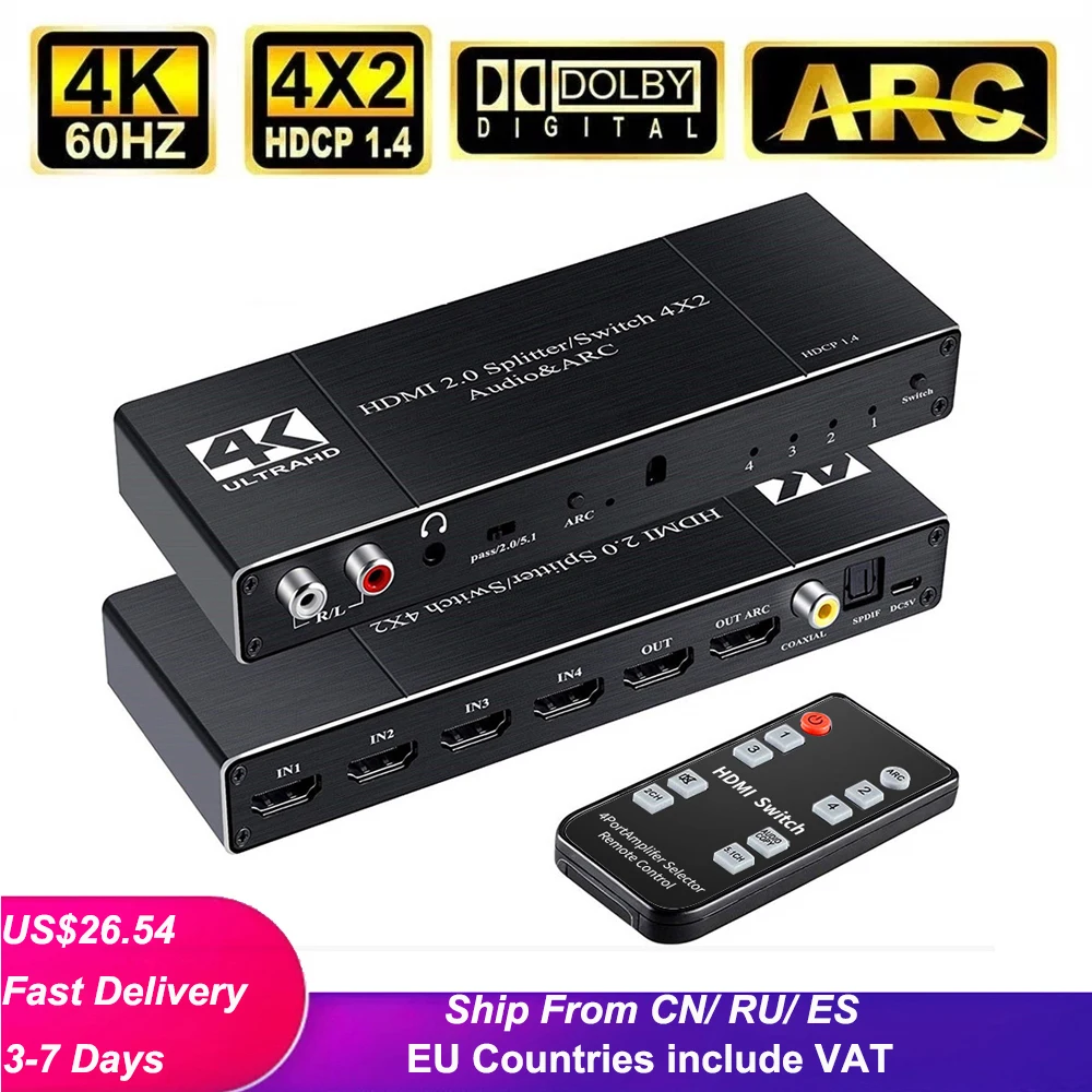 Extrator de Áudio com Arco 2.0 para Ps4 Kuwfi Hd-mi Interruptor Remoto 4×2 Hdr Switcher & ir tv Hdtv 4k – 60hz