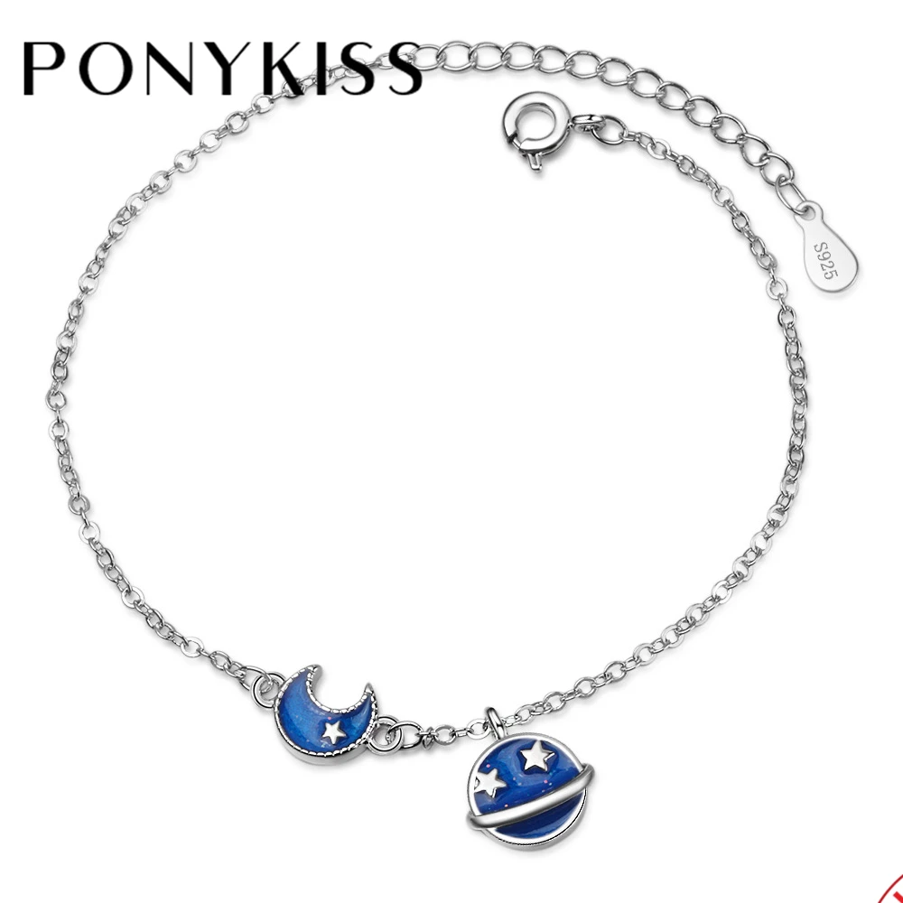 

Стильный браслет PONYKISS из стерлингового серебра 925 пробы с синей эмалью глазурью планеты Звезды Луна браслеты для женщин прекрасные ювелирн...