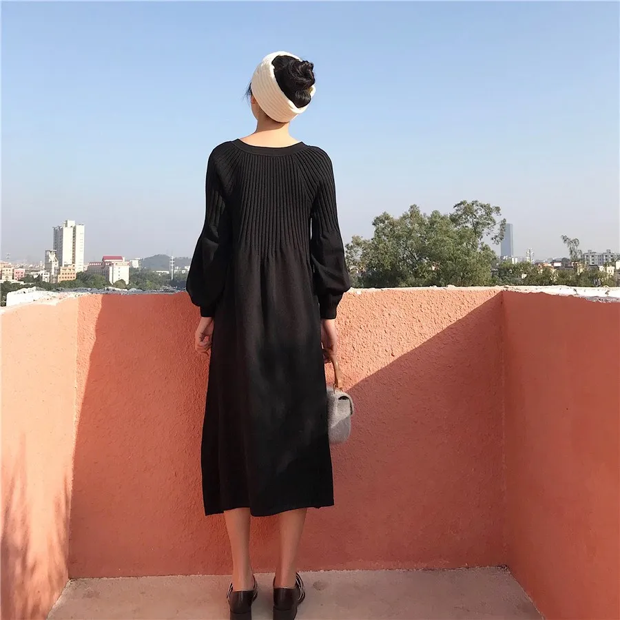 Осеннее шикарный вязаный Ретро платье с v образным вырезом и длинными рукавами