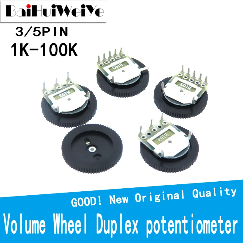 

10PCS/LOT Single Double Dial Taper Volume Wheel Duplex potentiometer 3Pin 5Pin 16*2MM B102 B103 B203 B503 B104 1K 2K 5K 10K 20K