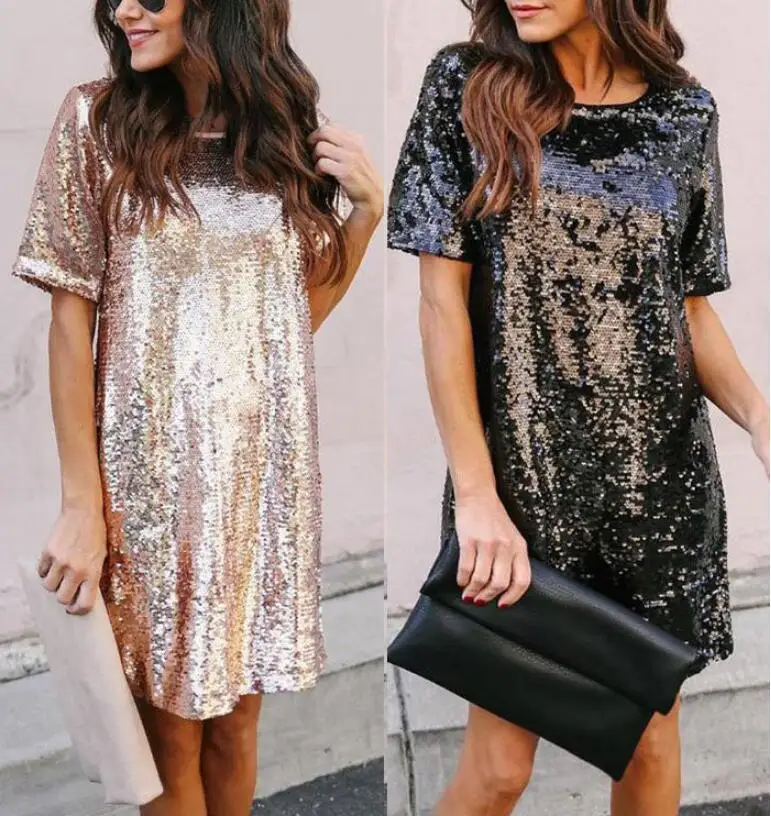Черное розовое Золотое Платье С Блестками 2019 летнее Новогоднее блестящее платье